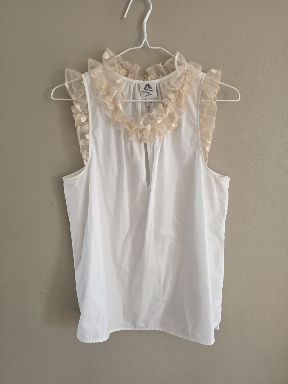 Thomas Mason for J.Crew Ruffle Sleeveless Blouse Size 8 White Cotton